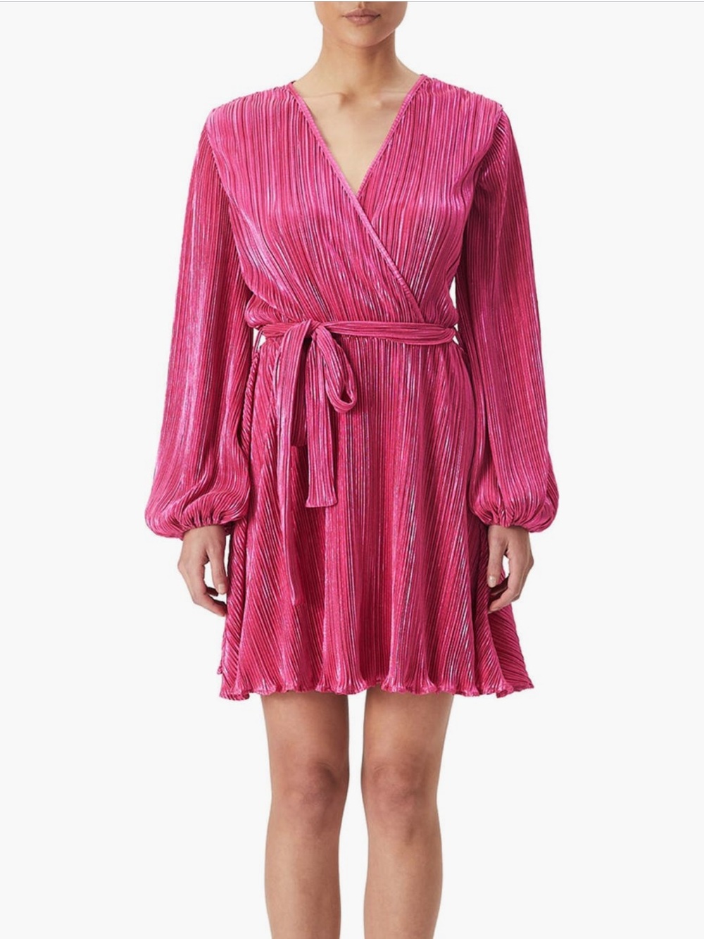 Bardot Fuchsia Plissé Wrap Dress with Tie Waist